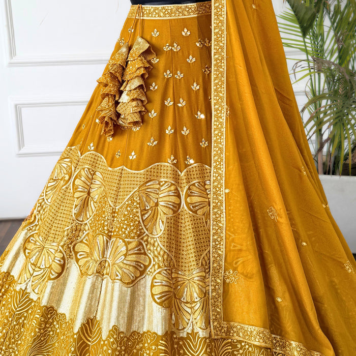 Golden color Real Mirror & Sequence Embroidery work Designer Lehenga Choli for Wedding Function