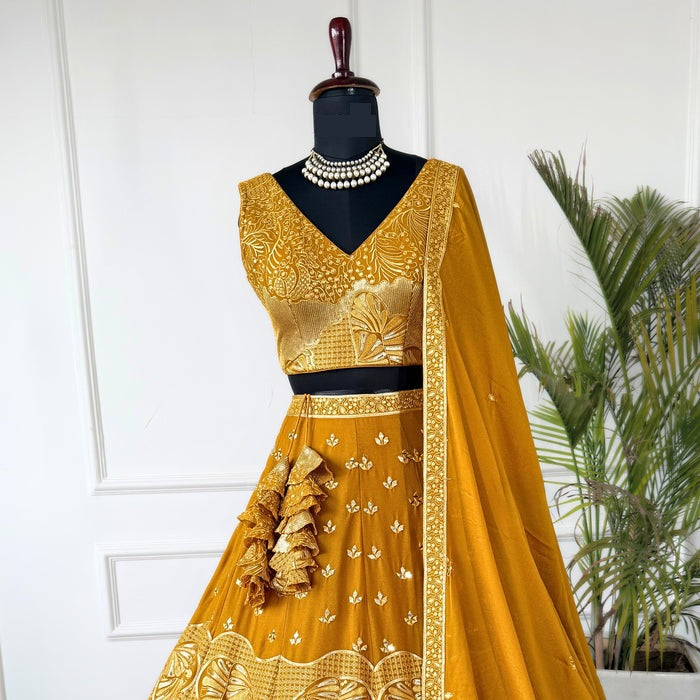 Golden color Real Mirror & Sequence Embroidery work Designer Lehenga Choli for Wedding Function