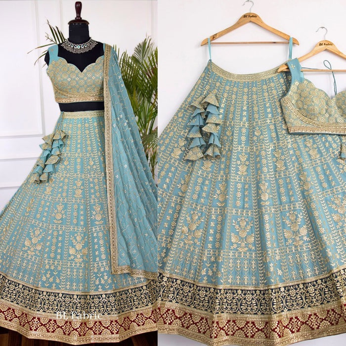 Light Blue color Zari Embroidery work Designer Lehenga Choli for Wedding Function