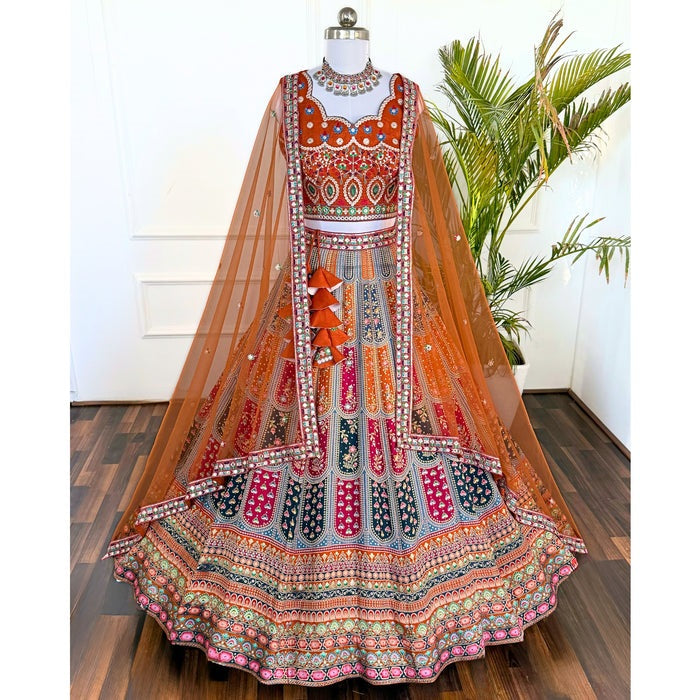 Multi color Sequence & Thread Embroidery work Designer Lehenga with Orange choli for Any Function