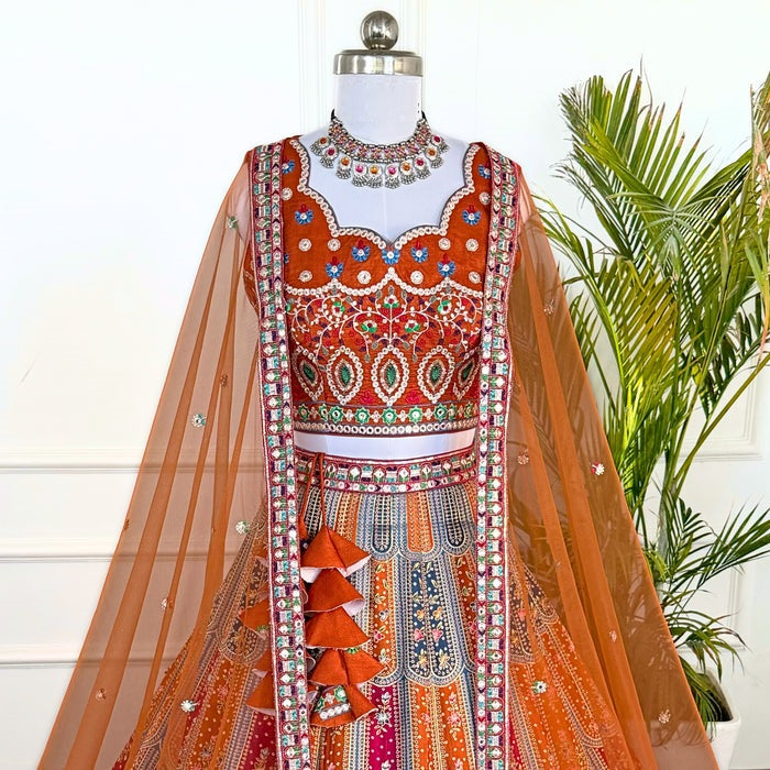 Multi color Sequence & Thread Embroidery work Designer Lehenga with Orange choli for Any Function