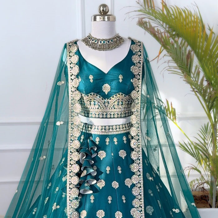 Mid Green color Sequence Thread work Designer Wedding Lehenga Choli For Wedding Function