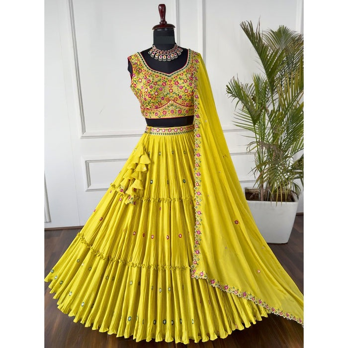 Yellow color Crush & Mirror Embroidery work Ruffle Style Lehenga Choli for any function