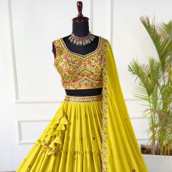 Yellow color Crush & Mirror Embroidery work Ruffle Style Lehenga Choli for any function