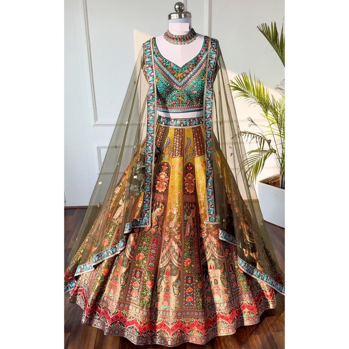Mehendi color Mirror & Sequence Embroidery work Designer Lehenga with Mehendi choli for Any Function