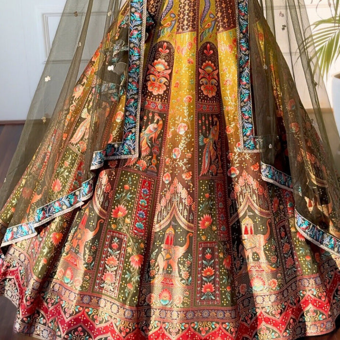 Mehendi color Mirror & Sequence Embroidery work Designer Lehenga with Mehendi choli for Any Function