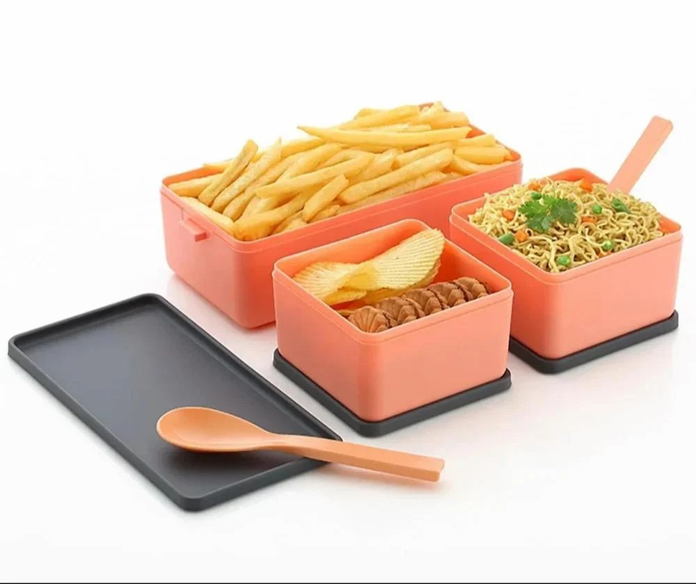 COMBO Leak Proof 3 Compartment Lunch Box for Office Men and Lunch Box for Kids, Microwave Safe Lunch Boxes, Reusable, Freezer Safe Food Containers with Spoon for Adults and Kids PP Food Grade Plastic (Pack Of 2) (Combo Offer)