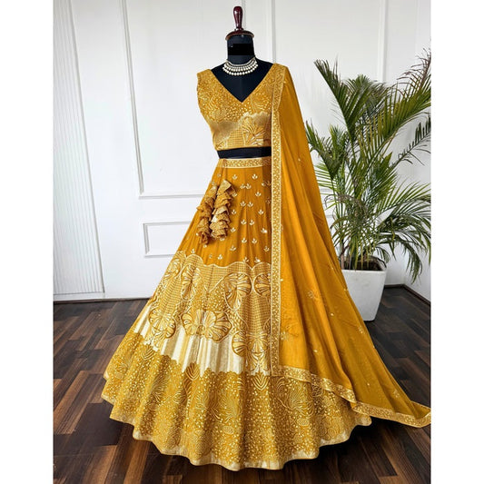 Golden color Real Mirror & Sequence Embroidery work Designer Lehenga Choli for Wedding Function