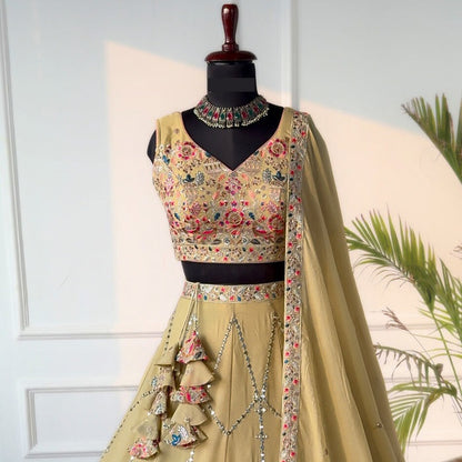 Cream color Real Mirror & Sequence Thread work Designer Wedding Lehenga Choli For Wedding Function