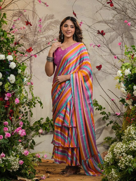 Striped Embroidered Satin Ready to Wear Saree