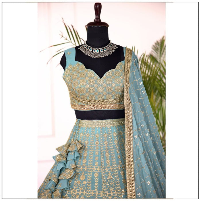 Light Blue color Zari Embroidery work Designer Lehenga Choli for Wedding Function