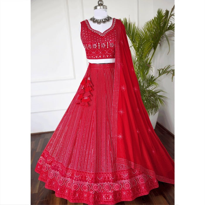 Red color Real Mirror Embroidery work Designer Lehenga Choli for Wedding Function