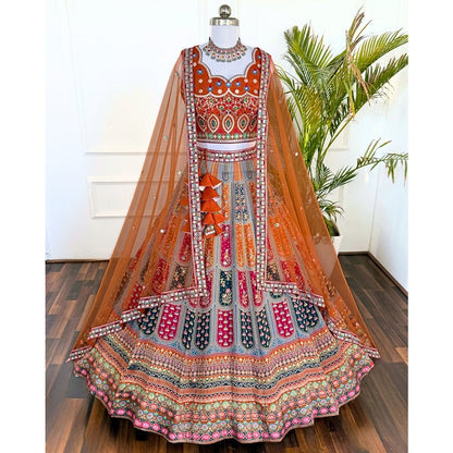 Multi color Sequence & Thread Embroidery work Designer Lehenga with Orange choli for Any Function