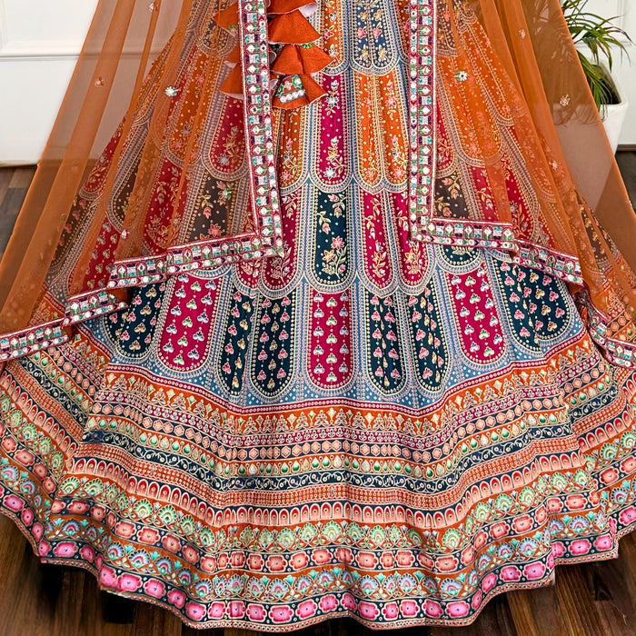 Multi color Sequence & Thread Embroidery work Designer Lehenga with Orange choli for Any Function