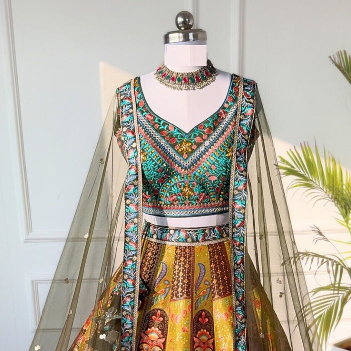 Mehendi color Mirror & Sequence Embroidery work Designer Lehenga with Mehendi choli for Any Function