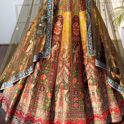 Mehendi color Mirror & Sequence Embroidery work Designer Lehenga with Mehendi choli for Any Function