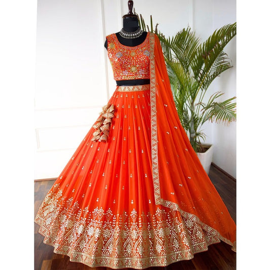 Orange color Real Mirror Embroidery work Designer Lehenga Choli for Wedding Function