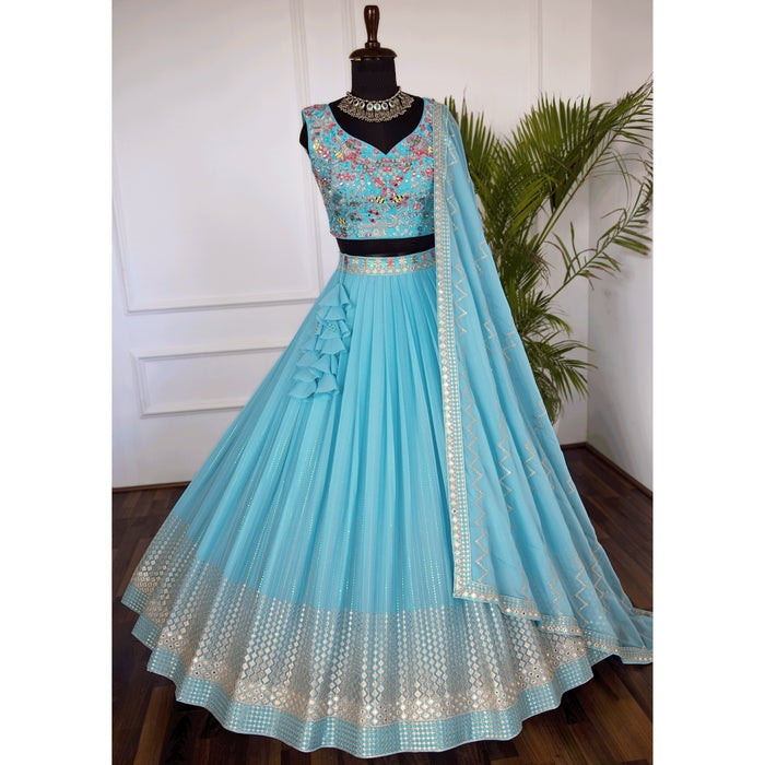 Skyblue color Real Mirror & Thread Embroidery work Designer Lehenga Choli for Wedding Function