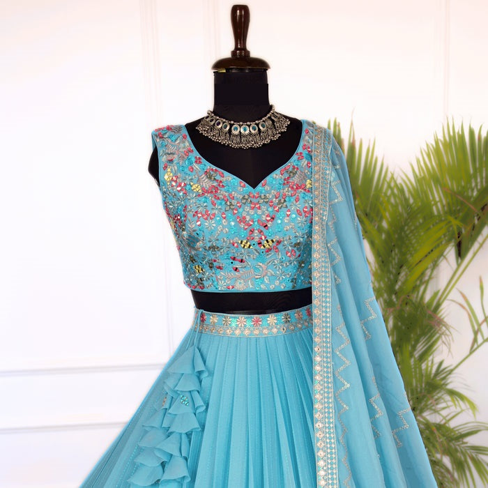 Skyblue color Real Mirror & Thread Embroidery work Designer Lehenga Choli for Wedding Function