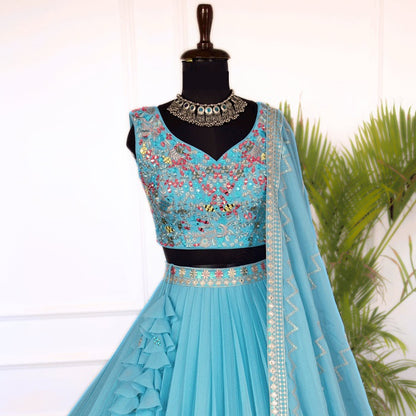 Skyblue color Real Mirror & Thread Embroidery work Designer Lehenga Choli for Wedding Function