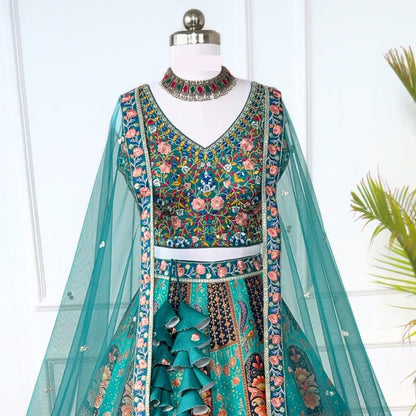 Firozi color Sequence Embroidery work Designer Lehenga with Firozi choli for Any Function