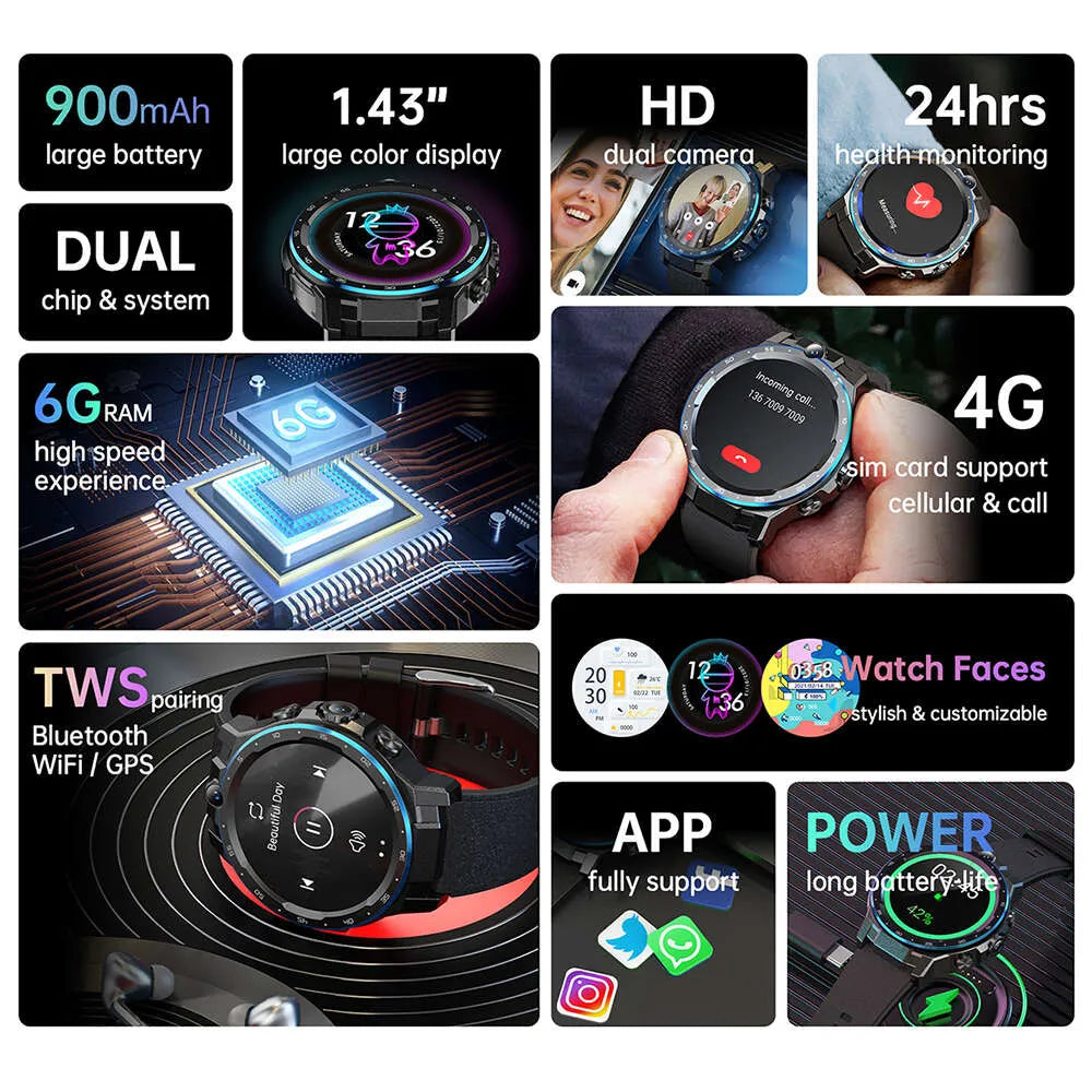 6GB+128GB dual chip dual system 4G SIM card call WIFI global positioning system tracker dual camera video call smartwatch phone