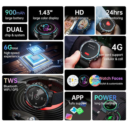 6GB+128GB dual chip dual system 4G SIM card call WIFI global positioning system tracker dual camera video call smartwatch phone