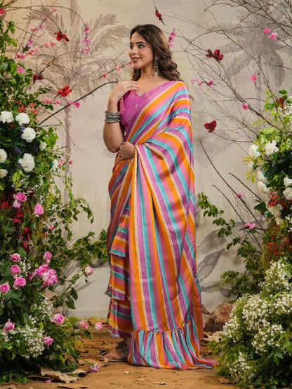 Striped Embroidered Satin Ready to Wear Saree