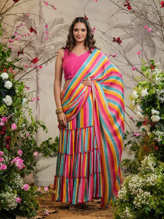 Striped Satin Ready to Wear Saree