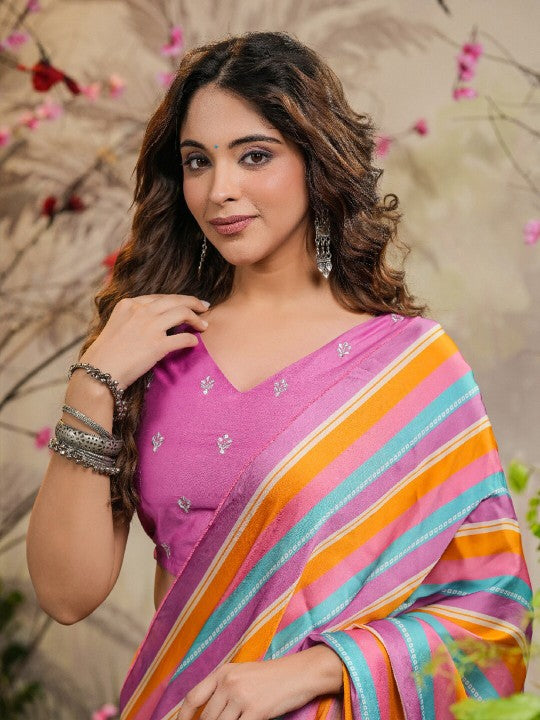 Striped Embroidered Satin Ready to Wear Saree