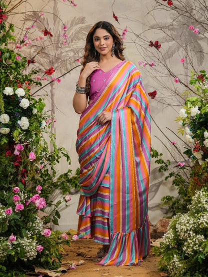 Striped Embroidered Satin Ready to Wear Saree