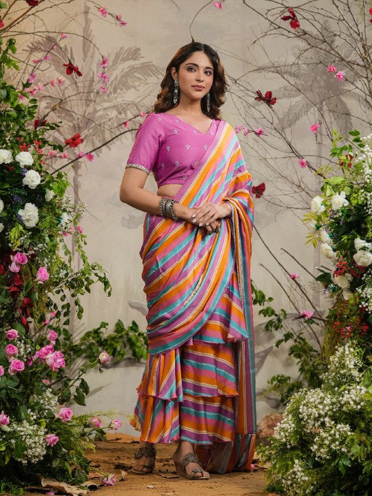 Striped Embroidered Satin Ready to Wear Saree